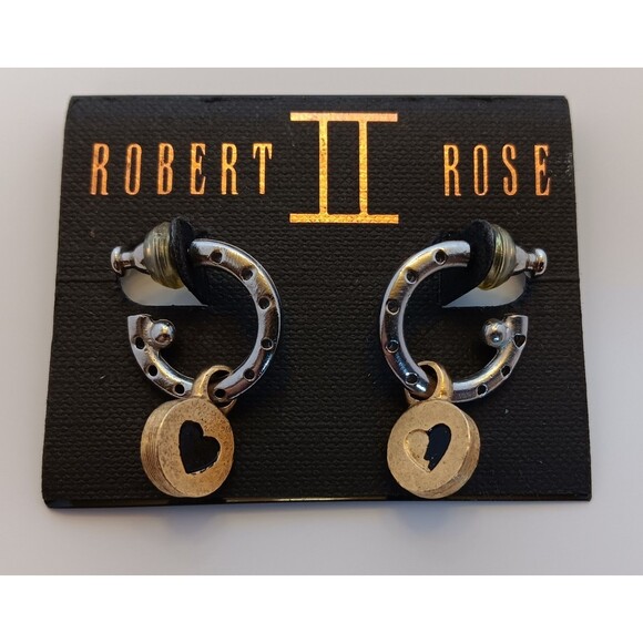 Robert Rose II Two Tone Hoop & Black Enamel Heart Stamp Dangle Earrings 1.5 in - Picture 1 of 7
